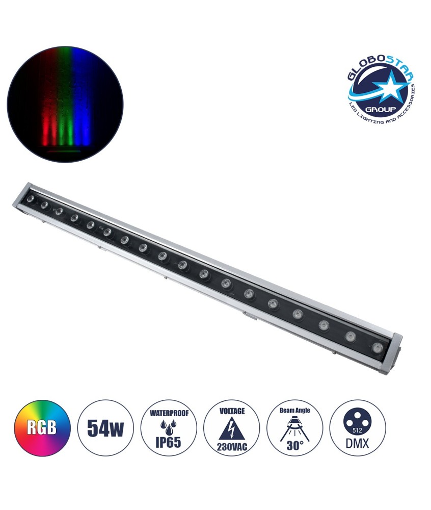 GloboStar® WASHER-DAIA S-90995 Μπάρα Φωτισμού Wall Washer LED 54W 5400lm 30° AC 230V Αδιάβροχο IP65 Μ100 x Π7.5 x Υ7cm Πολύχρωμο RGB DMX512 Display on Body - Ασημί